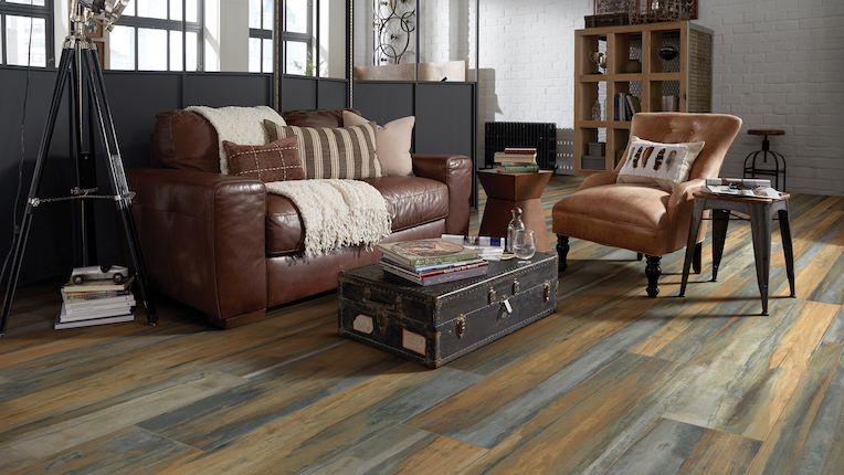 wood-look tile flooring in a living room